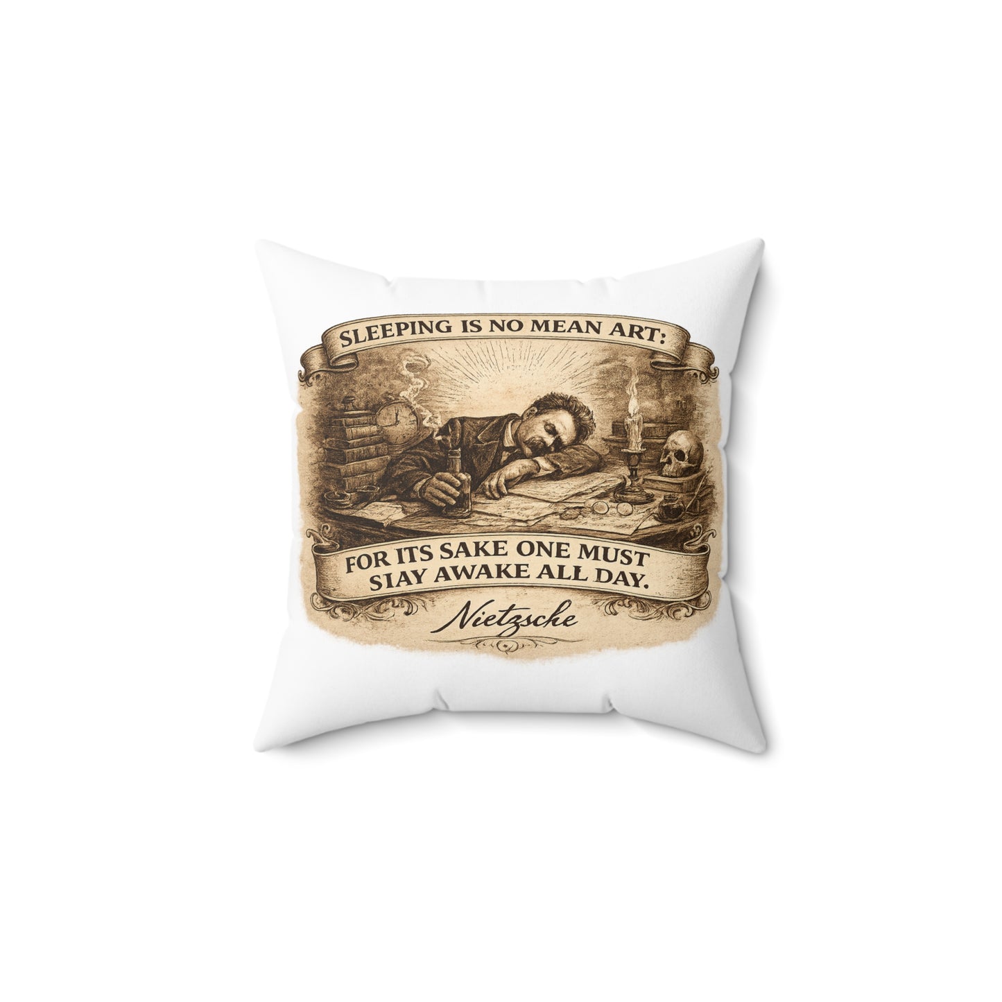 Nietzsche Quote Decorative Pillow — "Sleeping Is No Mean Art"